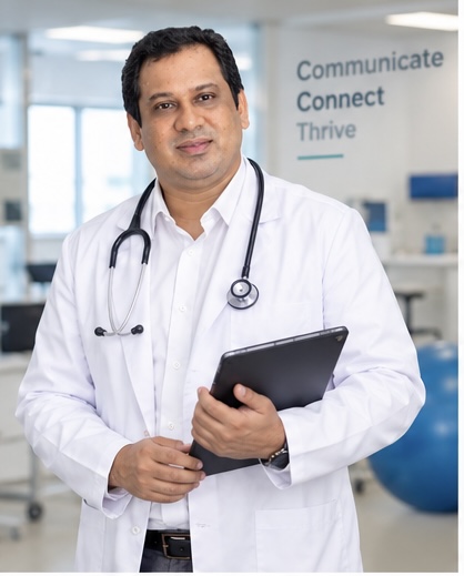 Dr. Razak Jawzeek (Dr. Raza) in a white coat holding a tablet